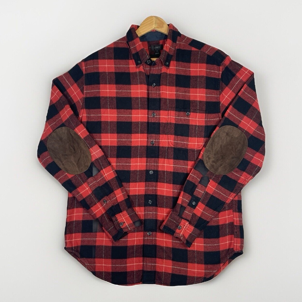 J. Crew Plaid Wool Blend Mens Button Down Shirt Elbow Patch Buffalo Plaid M